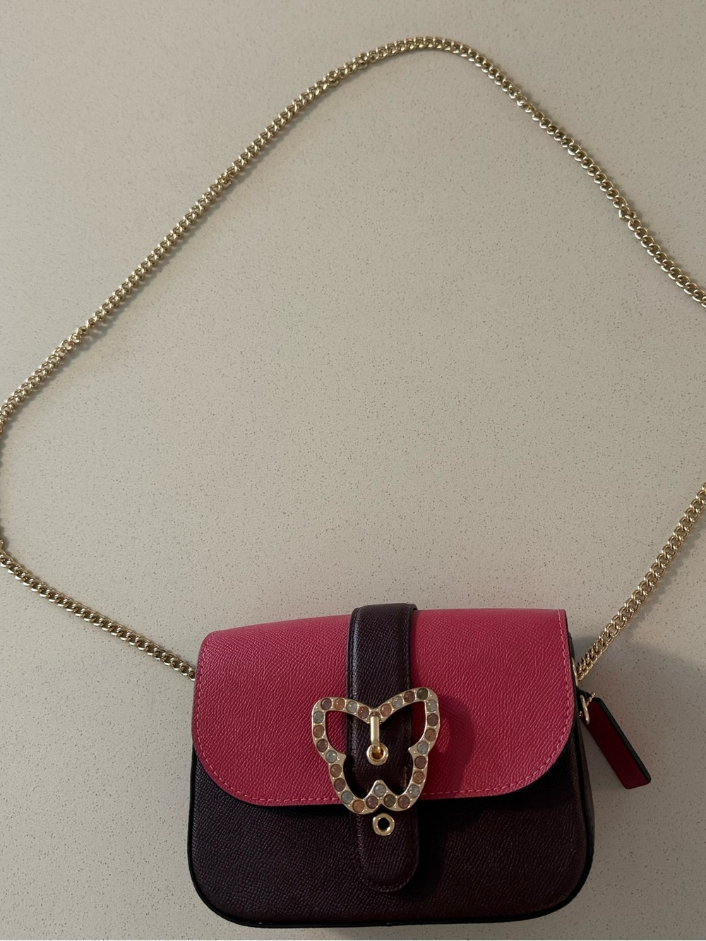 Coach Women's Two-Tone Pink and Dark Brown Crossbody Bag with Gold Chain New